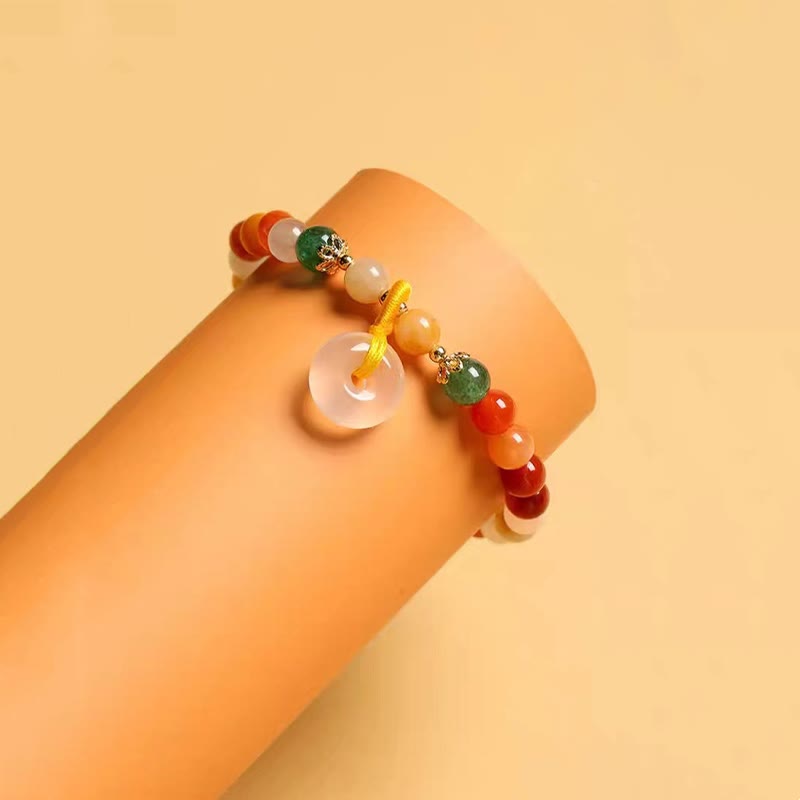 Pulsera de riqueza con hebilla de paz de jade de seda dorada colorida chapada en oro de 14 Buddha Stones