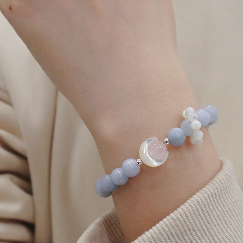 Pulsera de plata de ley 925 con Buddha Stones, amatista natural, aguamarina, cristal rosa, ojo de gato, luna creciente curativa