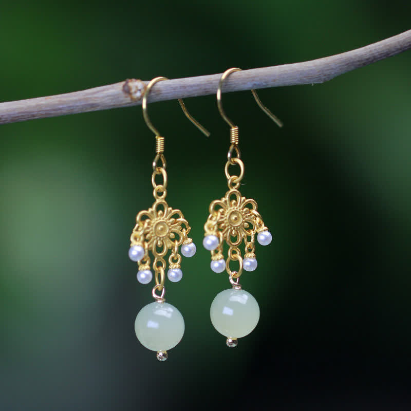Pendientes colgantes con forma de gota de la suerte, chapados en oro de 14 quilates, con patrón de flores de jade hetiano - image 0