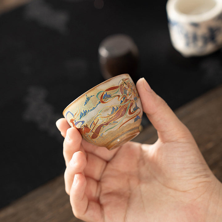 Taza de té de cerámica Gaiwan Sancai de Dunhuang Flying Apsaras con Buddha Stones, taza de té de Kung Fu con tapa