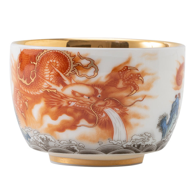 Buddha Stones Dragón Fénix Grulla Sol Océano Olas Taza de té de cerámica dorada Taza de té de Kung Fu 170 ml