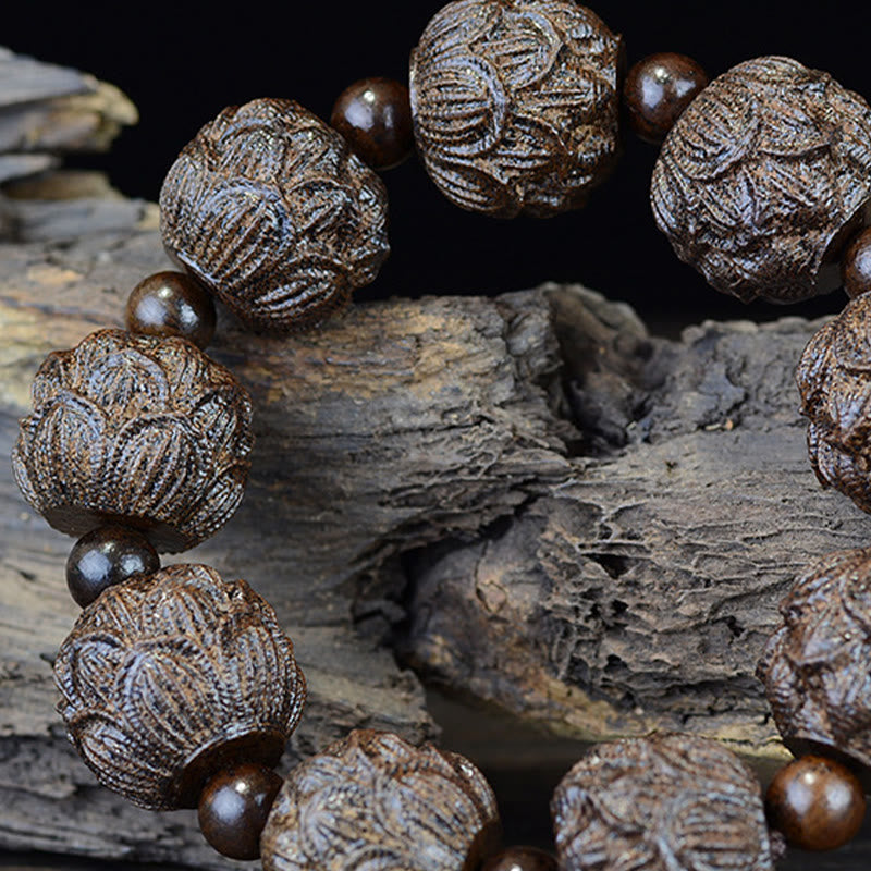 Pulsera de equilibrio grabada con dragón de loto, dieciocho arhats, madera de ébano, Buddha Stones