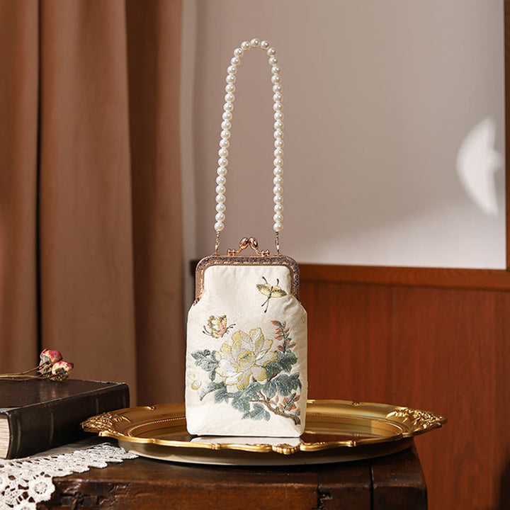 Bolso bandolera con cadena de metal y perlas bordadas con mariposas y flores pequeñas de Buddha Stones, bolso cruzado para teléfono móvil