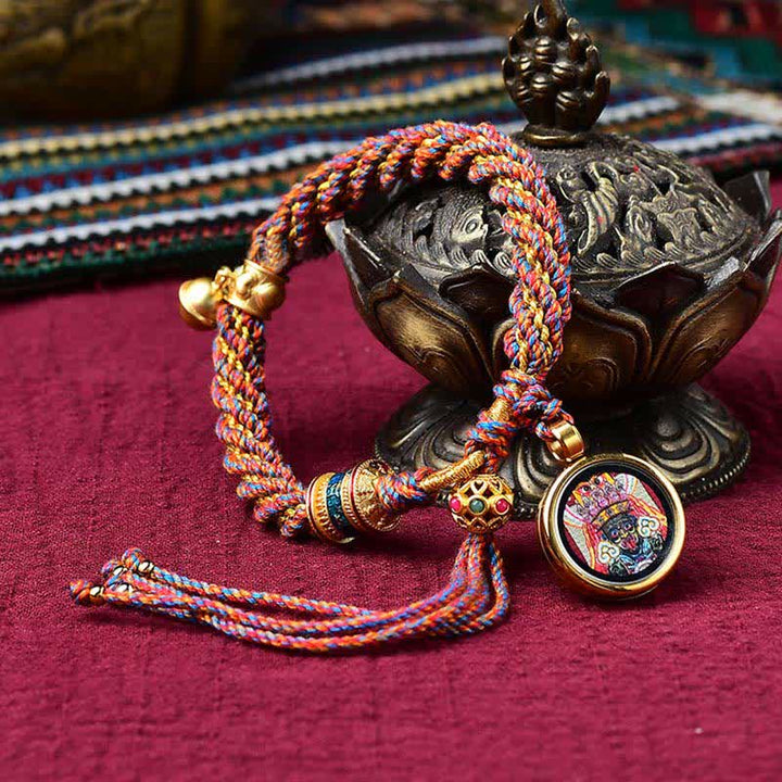 Pulsera de cuerda trenzada con dije de campana y rueda de oración Thangka de protección de la suerte hecha a mano tibetana