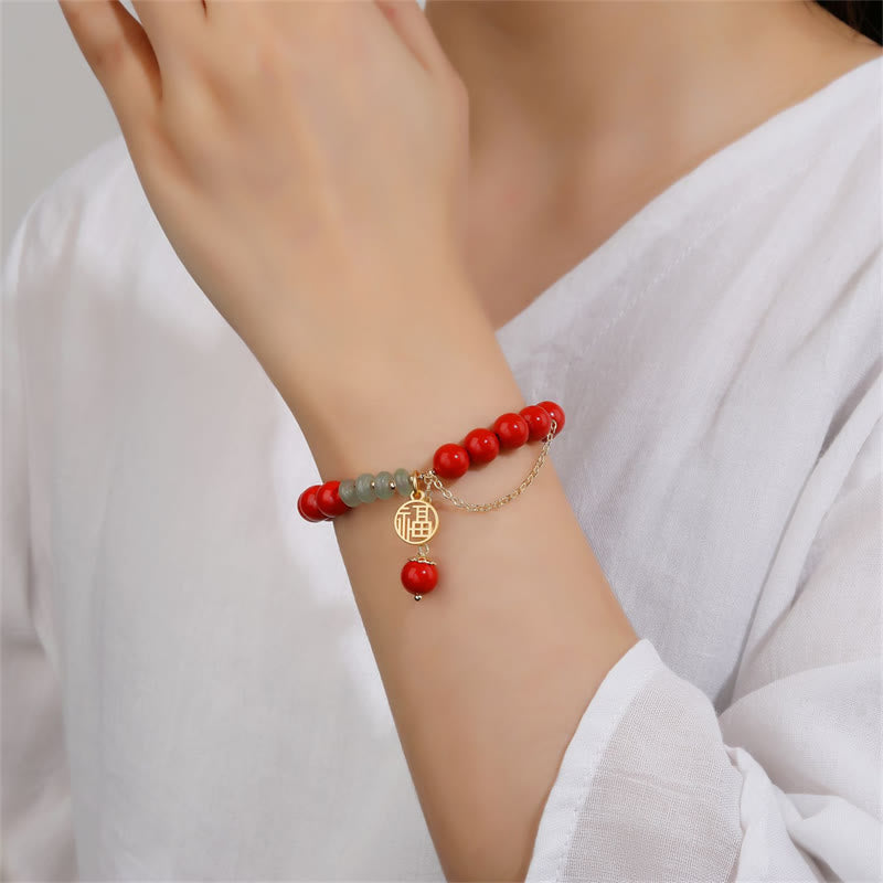 Pulsera Calma De Jade Con Carácter Fu Auspicioso Cinabrio De Buddha Stones