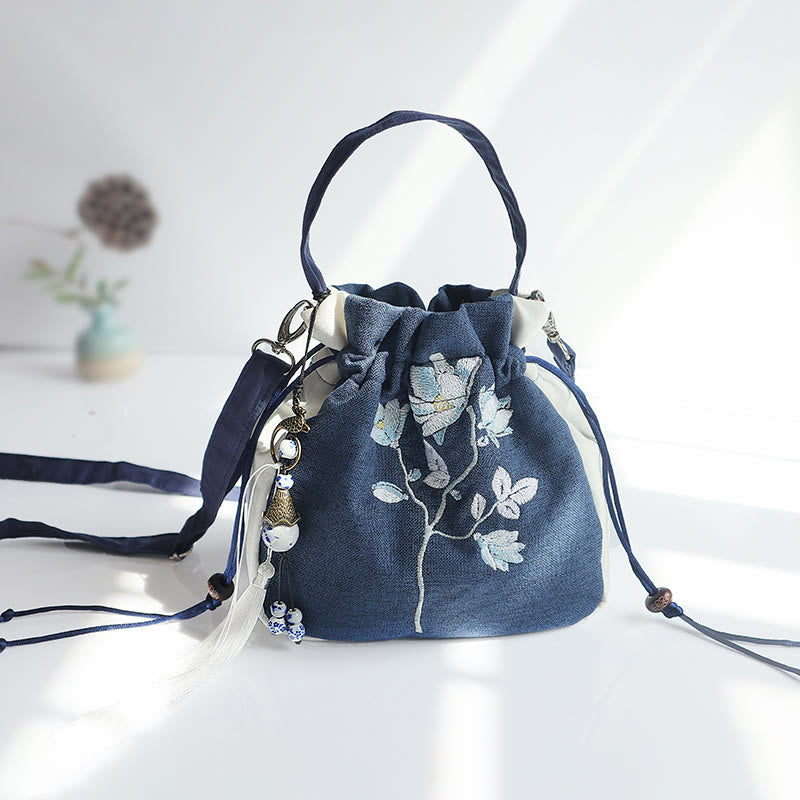 Bolso de hombro de lona con flores bordadas hechas a mano con Buddha Stones - Hojas de flores azules y blancas 20*20cm - image 20