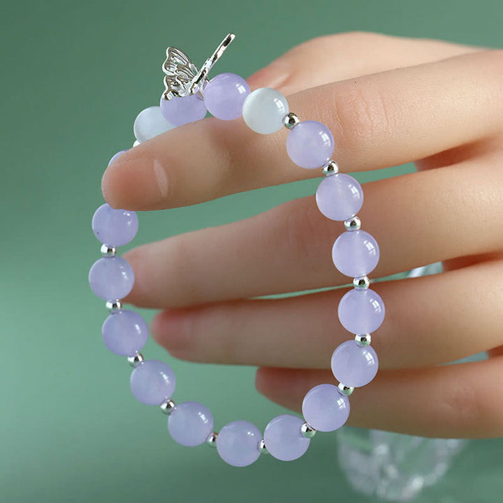 Buddha Stones Calcedonia Azul Cristal Rosa Calcedonia Púrpura Mariposa Pulsera Energética