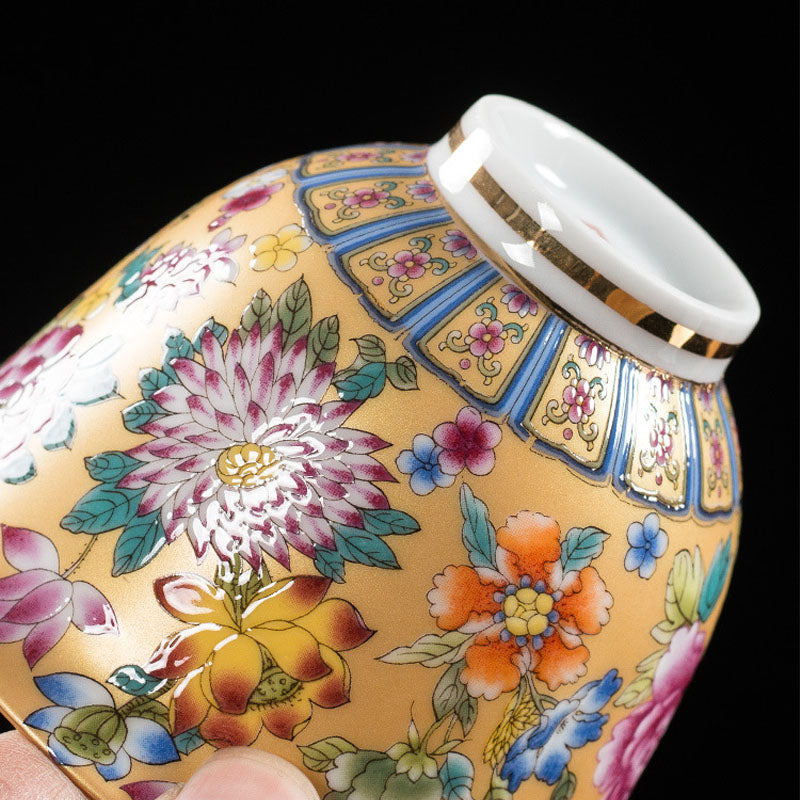 Taza de té y platillo con tapa, Gaiwan Sancai de cerámica, flores de peonía, Buddha Stones , Kung Fu