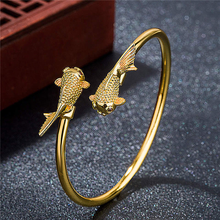 Pulsera de riqueza y prosperidad de cobre con pez Koi doble de Buddha Stones