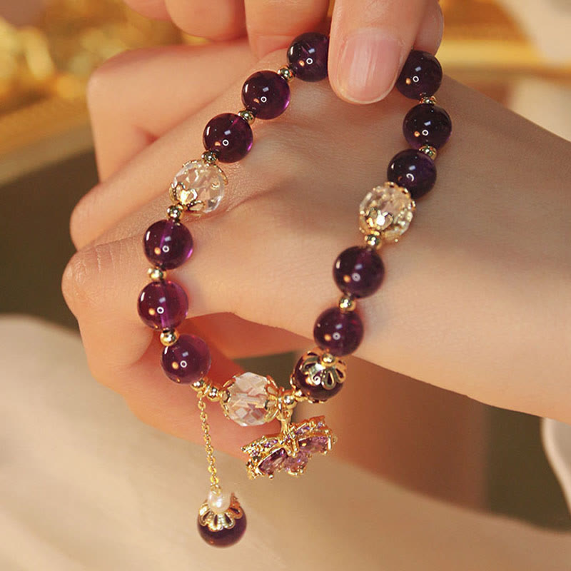 Pulsera con dije de hoja de arce curativa de amatista natural chapada en oro de 14 quilates con piedras de Buddha Stones