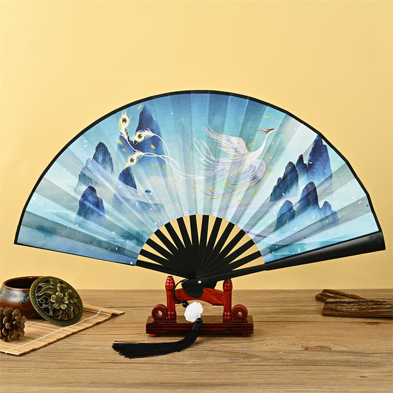 Abanico plegable de mano con Buddha Stones, con diseño de fénix, zorro de nueve colas, flor de bambú y tigre - Fénix - image 0