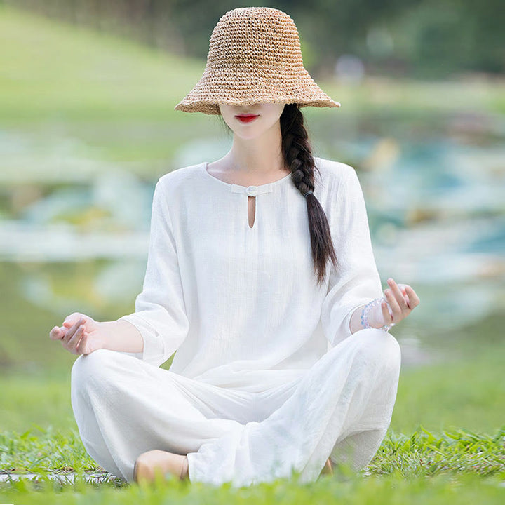 Conjunto de ropa de práctica matutina espiritual Zen para meditación y oración de Tai Chi, conjunto para mujer - Blanco - US8-10，UK/AU12-14，EU40-42 (2XL) - image 0