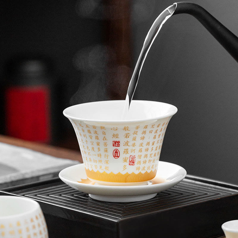 Taza de té y platillo con tapa, taza de té de cerámica Gaiwan, Sutra del corazón budista, Buddha Stones , pequeño personaje Fu, Kung Fu