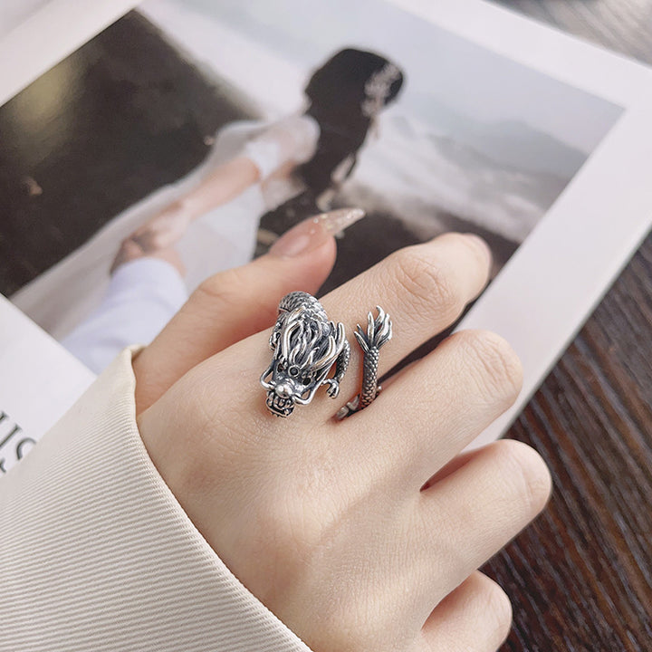 Anillo de metal de la suerte con diseño del año del dragón de plata de ley 925 vintage con Buddha Stones
