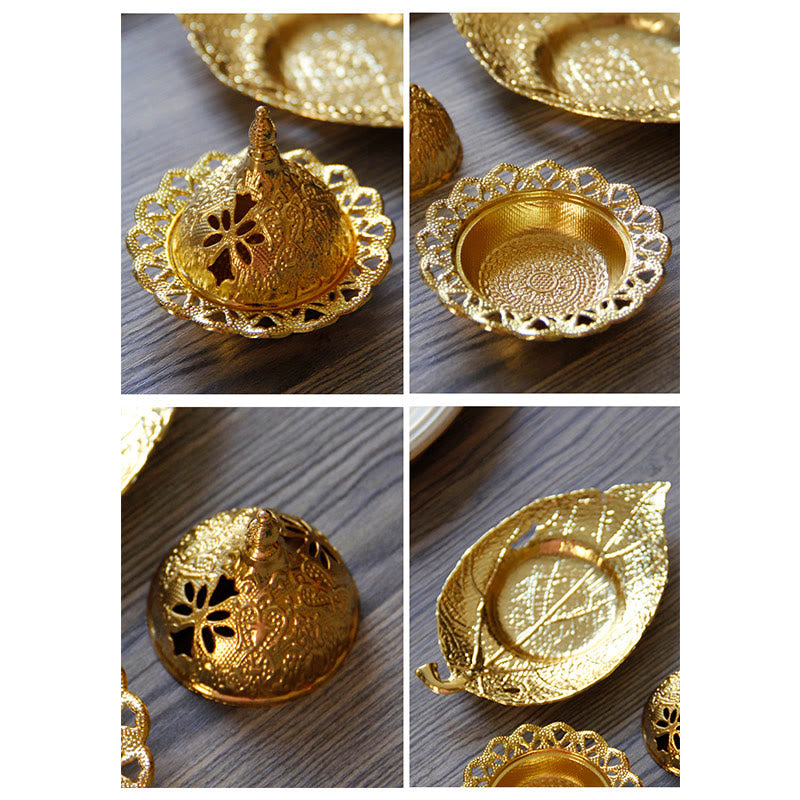 Quemador de incienso de meditación con posavasos de mini hojas de oro tibetano