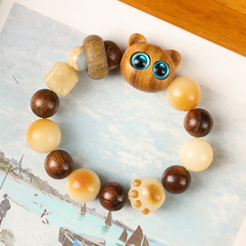 Pulsera de la paz con Buddha Stones, semilla de Bodhi Natural, sándalo, cabeza de gato bonita de la suerte, garra de pata - image 7