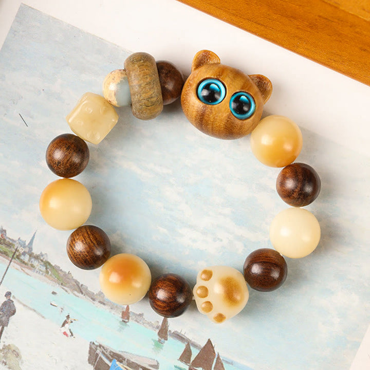 Pulsera de la paz con Buddha Stones, semilla de Bodhi Natural, sándalo, cabeza de gato bonita de la suerte, garra de pata - image 7