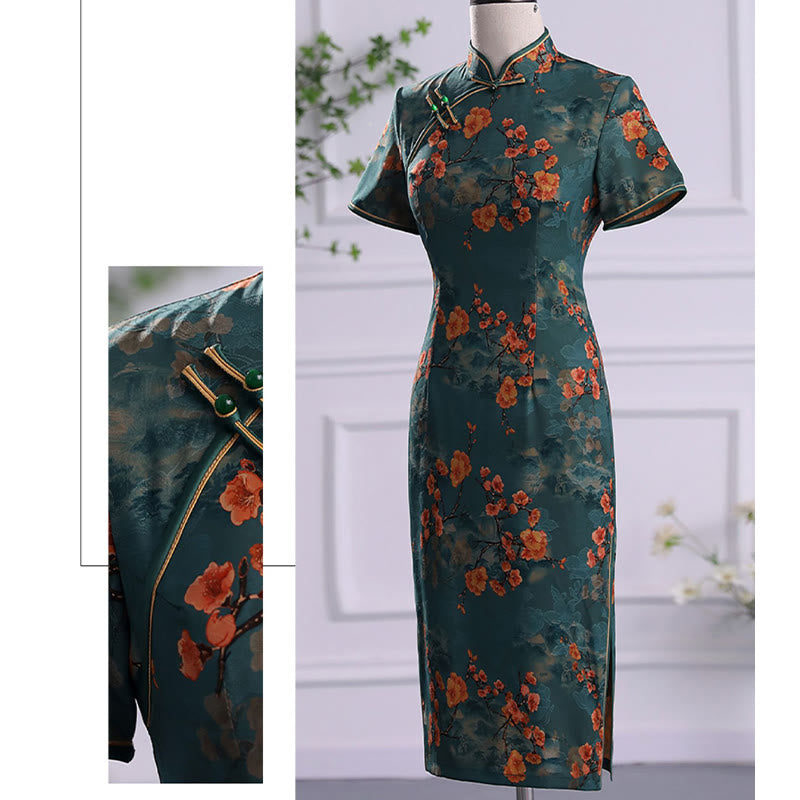 Vestido Cheongsam para mujer con estampado de plumas de peonía y flor de loto Retro con Buddha Stones - image 11