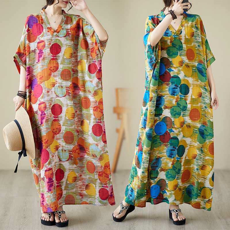 Vestido midi de lunares de colores azul naranja y piedras de Buddha Stones Vestido de media manga de algodón con bolsillos