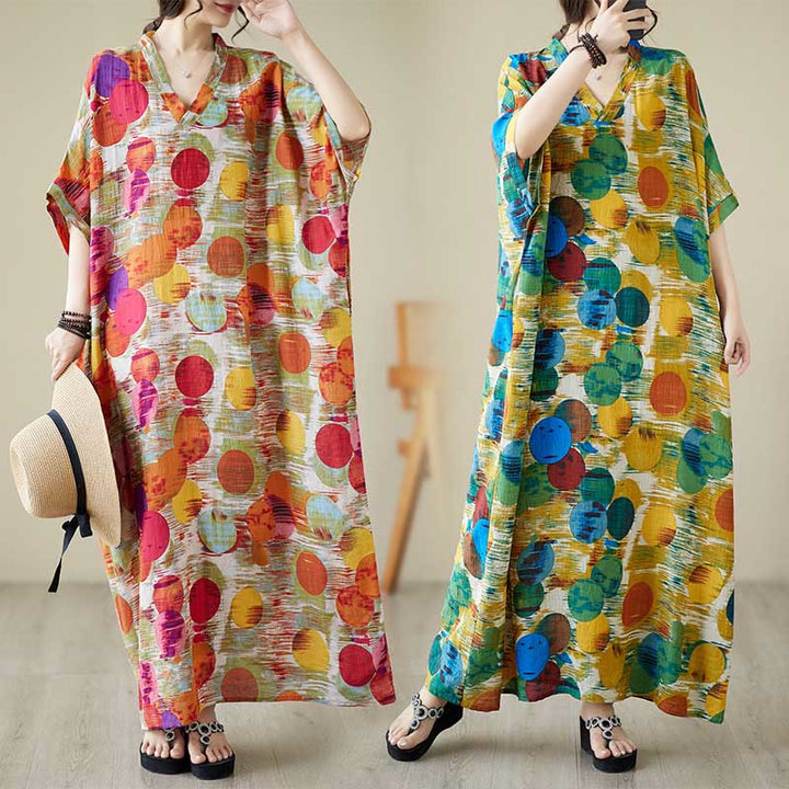 Vestido midi de lunares de colores azul naranja y piedras de Buddha Stones Vestido de media manga de algodón con bolsillos