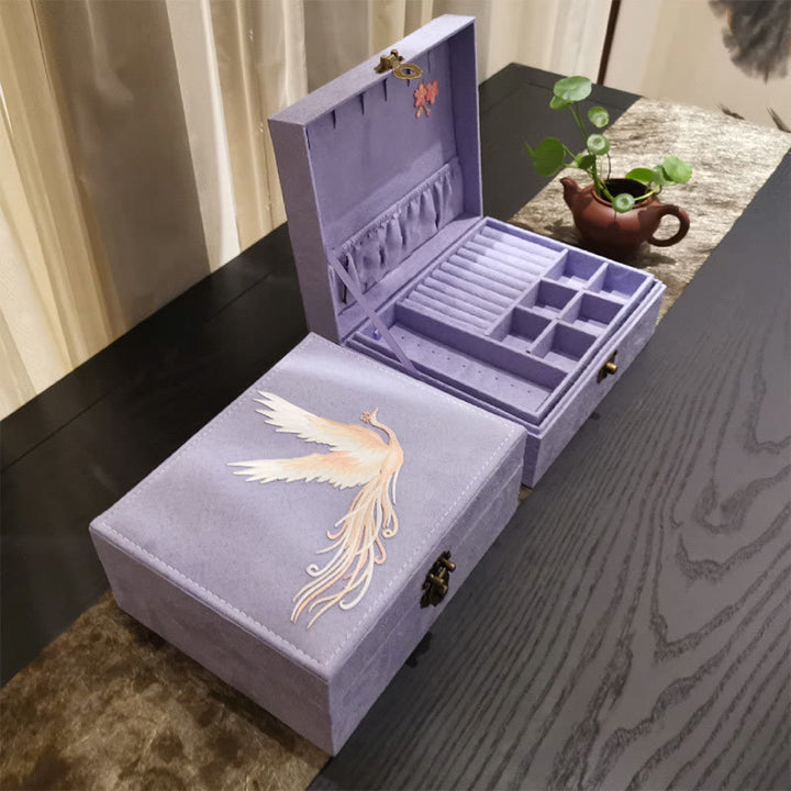 Caja organizadora de joyería de Fénix púrpura con Buddha Stones , caja de almacenamiento de joyería de dos capas, caja de franela