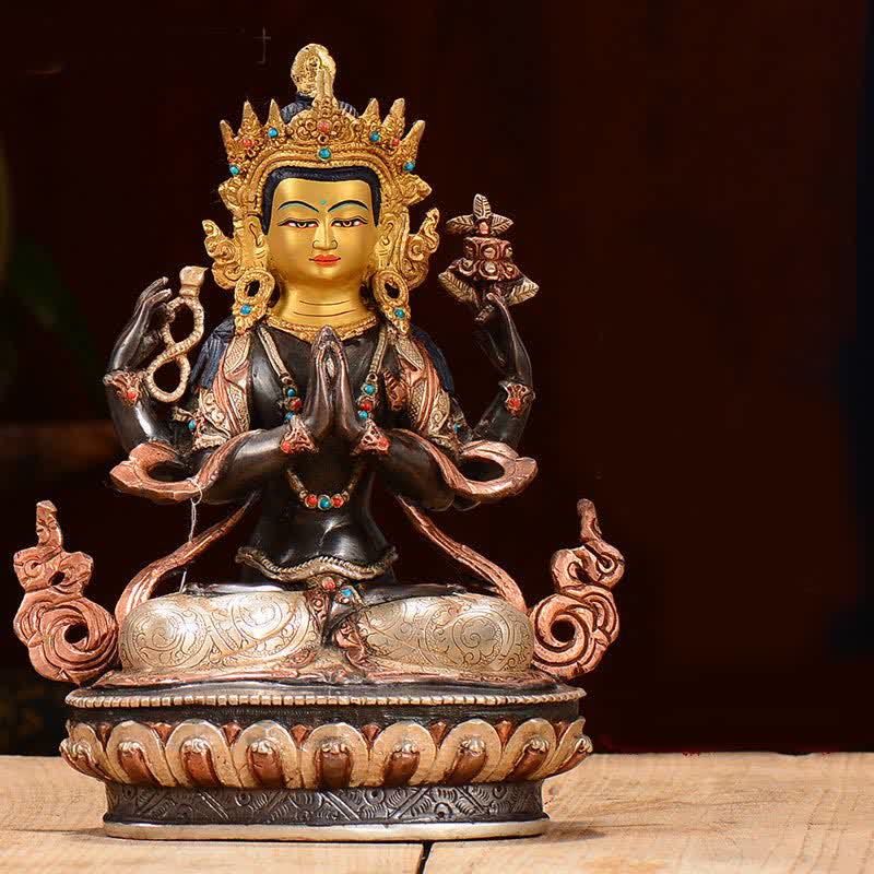 Decoración de estatua de cobre de protección Avalokitesvara de cuatro brazos Bodhisattva Chenrezig - image 4