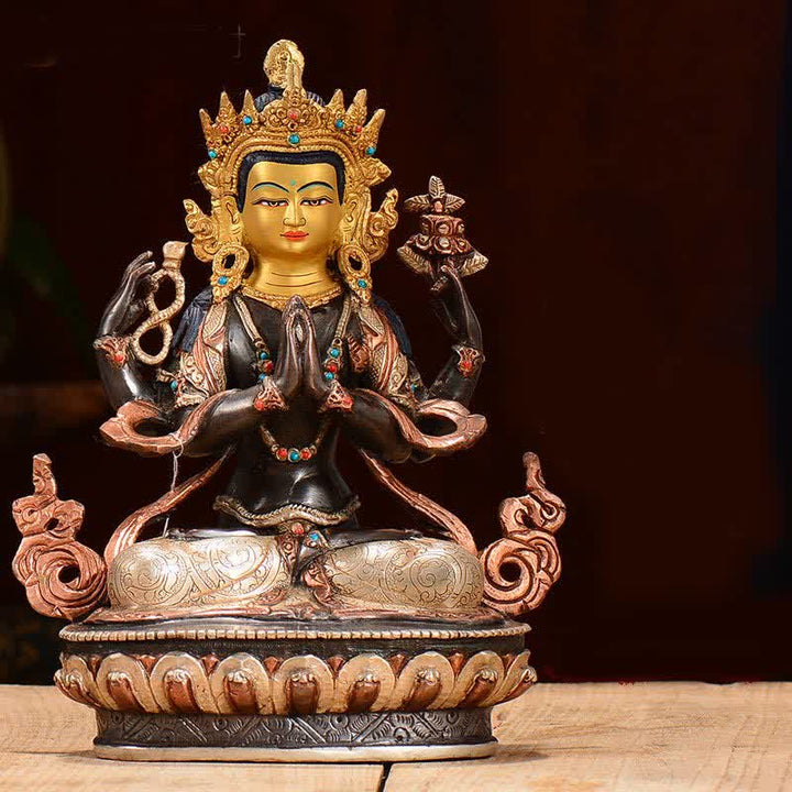 Decoración de estatua de cobre de protección Avalokitesvara de cuatro brazos Bodhisattva Chenrezig - image 4