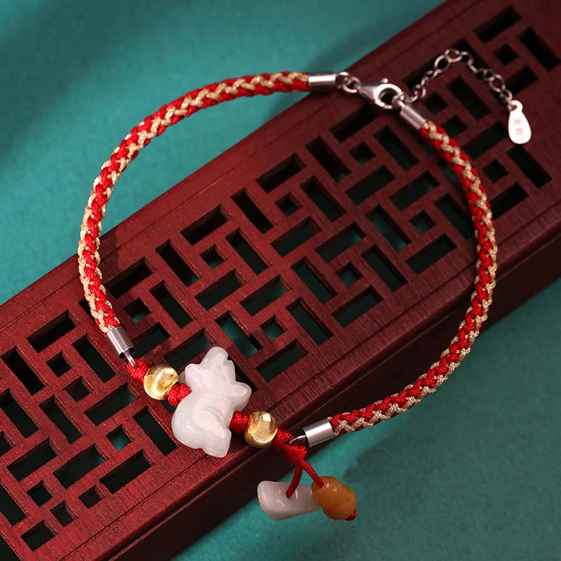 Tobillera con pulsera de hilo rojo de prosperidad de Jade del zodíaco chino con Buddha Stones