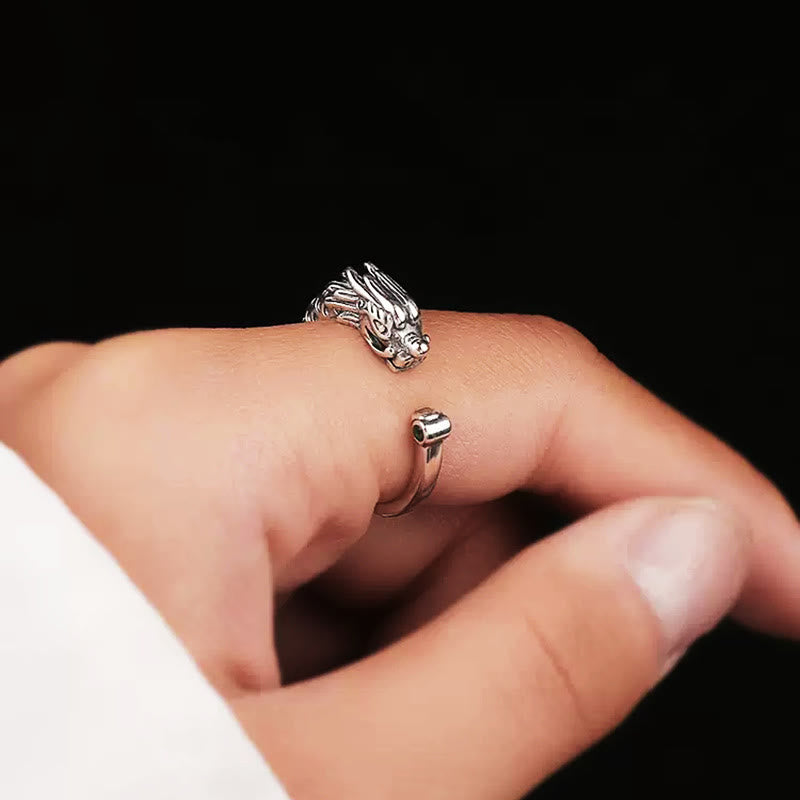 Anillo ajustable de fuerza de éxito con diseño de dragón vintage de Buddha Stones
