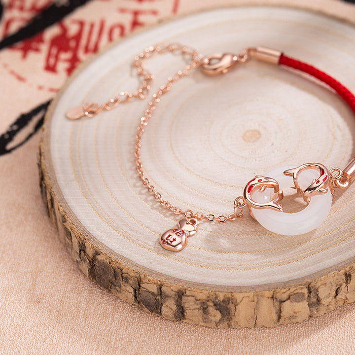 Pulsera con amuleto de la suerte y la suerte, hebilla doble de pez Koi, Jade blanco, Buddha Stones