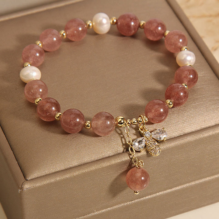 Pulsera con dije positivo de abeja y circonita, Perla de cuarzo fresa y piedras de Buddha Stones