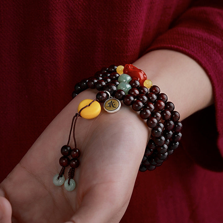 Buddha Stones zodiaco chino Buda Natal 108 cuentas Mala hoja pequeña sándalo rojo ágata roja pulsera de protección PiXiu