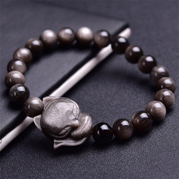 Pulsera de protección de zorro de obsidiana brillante de plata natural con Buddha Stones