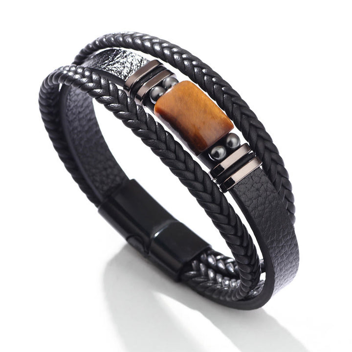 Pulsera de cuero multicapa con hebilla magnética y ojo de tigre con Buddha Stones