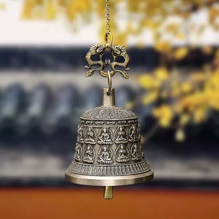 Campana de viento tibetana con grabado de Buda, dragón, campana de cobre, decoración colgante de pared de la suerte
