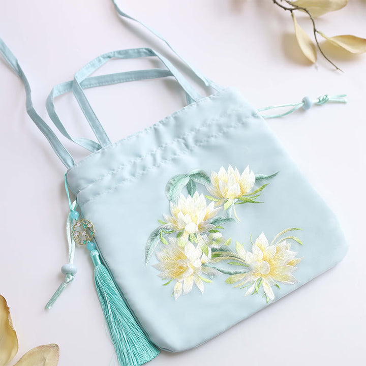 Buddha Stones Suzhou bordado Lotus Deer Epiphyllum peonía conejo algodón lino bolso bandolera bolso de hombro
