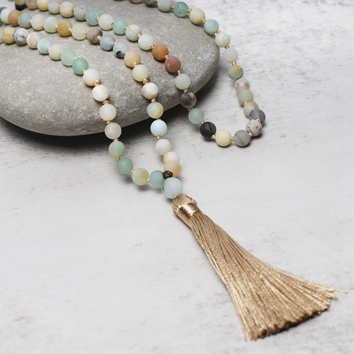 Pulsera Mala con borlas y cuentas de amazonita con 108 Buddha Stones