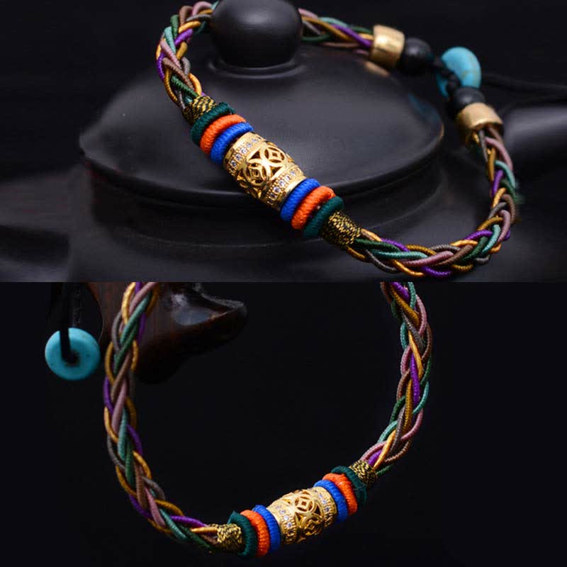 Pulsera de cuerda tejida con moneda de cobre, hecha a mano, con nudo de ocho hilos, Buddha Stones tibetanas - image 5