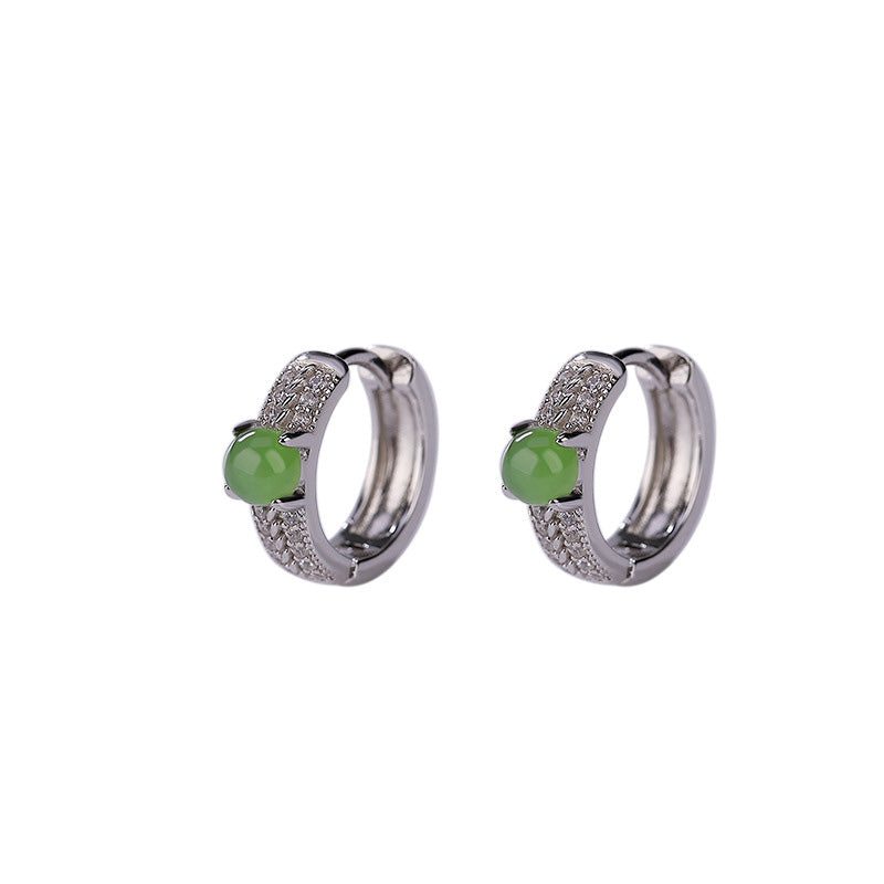 Pendientes de botón de éxito de jade cian redondos de plata de ley 925 con Buddha Stones