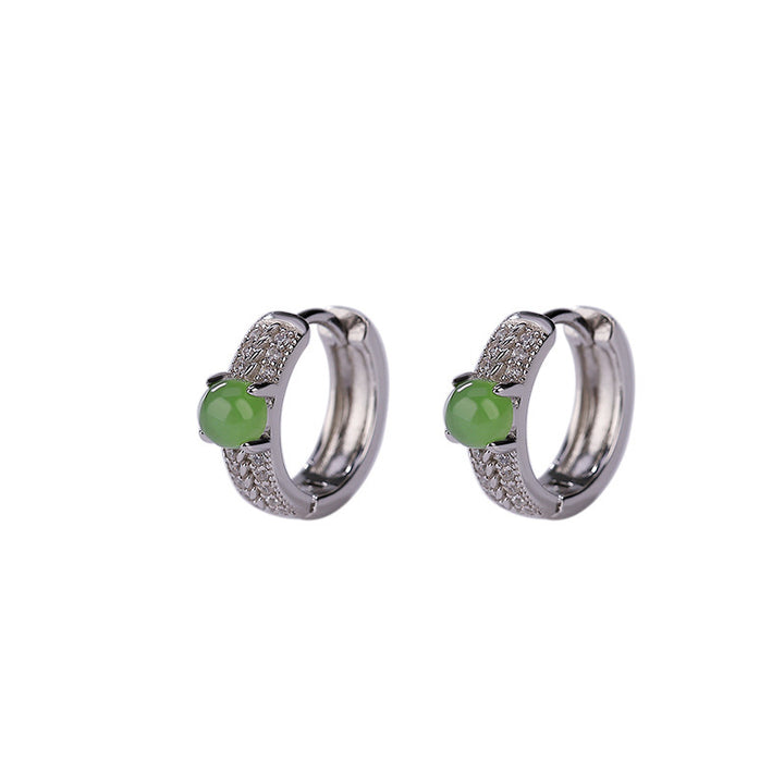 Pendientes de botón de éxito de jade cian redondos de plata de ley 925 con Buddha Stones