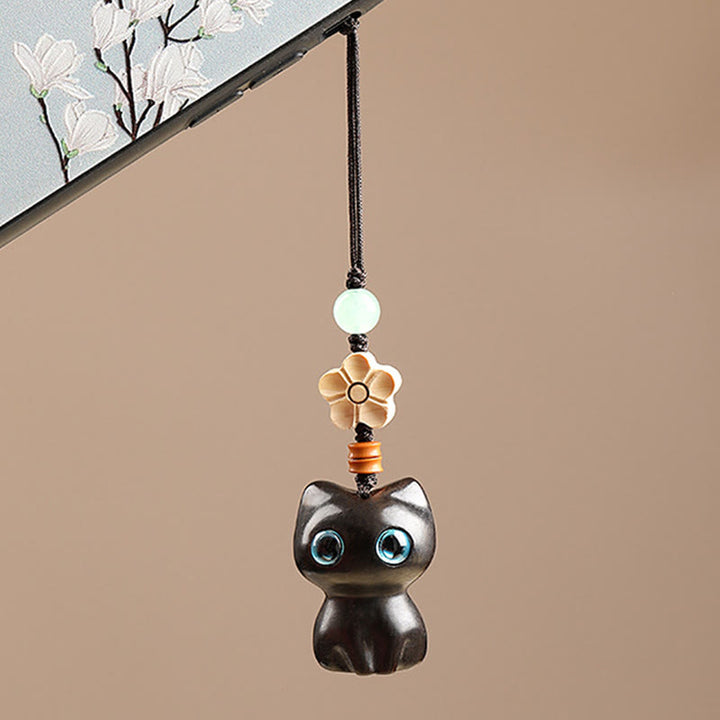 Buddha Stones, Mini hoja pequeña, sándalo rojo, madera de ébano, gato de la suerte, gatito encantador, llavero de la paz, decoración colgante para teléfono