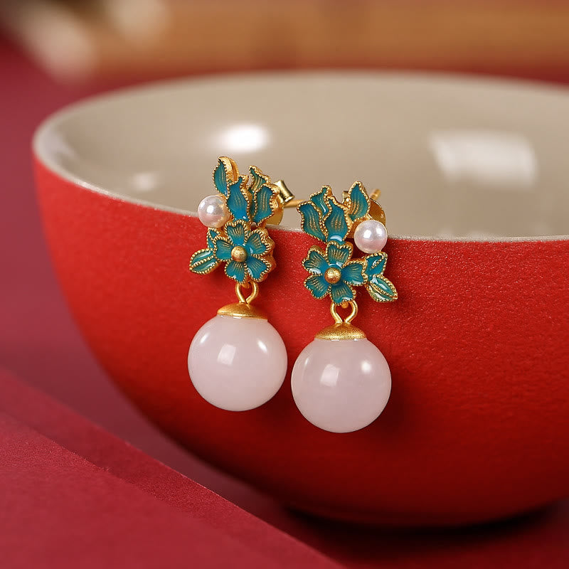 Buddha Stones Jade blanco Plata de ley 925 Perla Flor Bendición Collar Colgante Anillo Pendientes