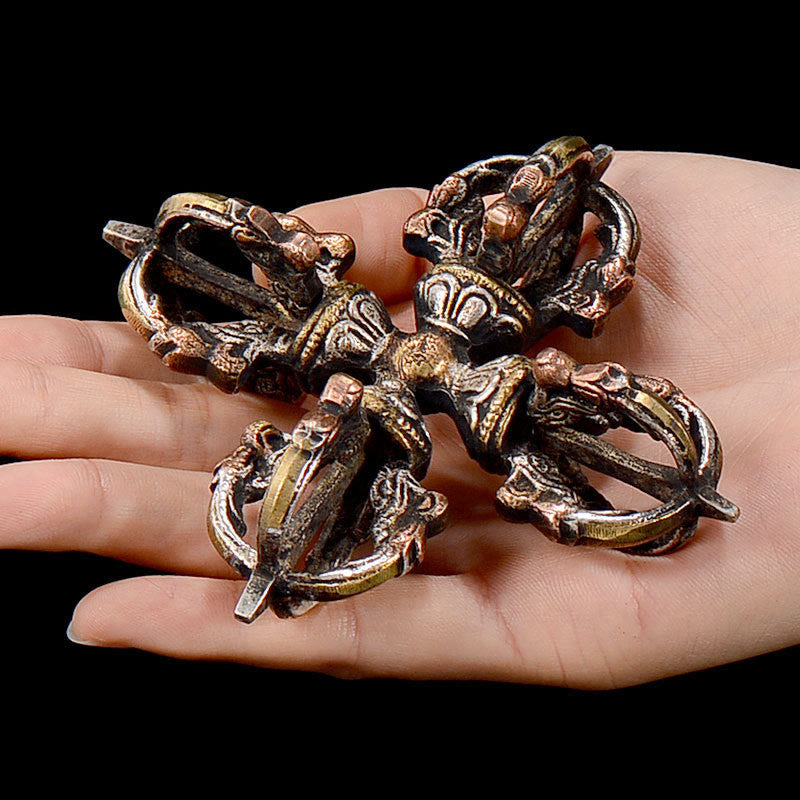 Tibetano hecho a mano 5 puntas doble Dorje cobre hierro Thunderbolt fuerza Vajra