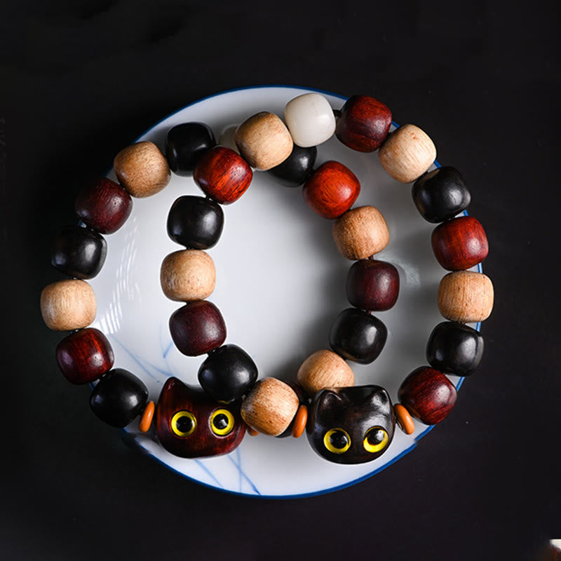 Pulsera de protección con grabado de gato lindo de madera de ébano de sándalo rojo de hoja pequeña con Buddha Stones - image 2