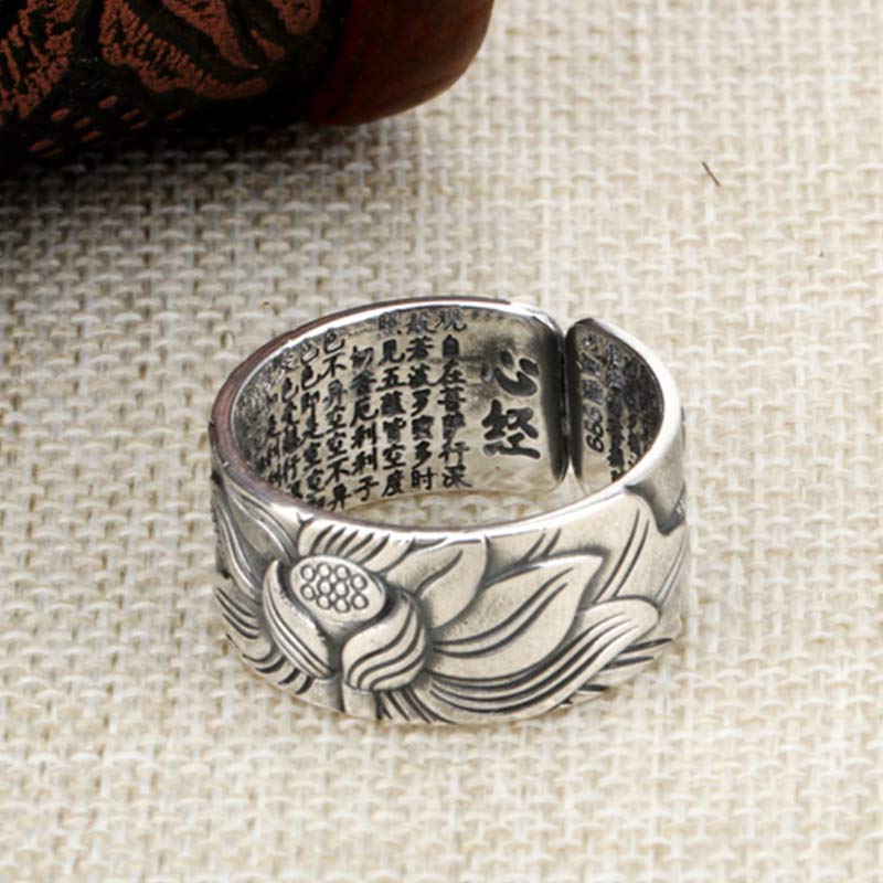 Anillo de protección Sutra de corazón con símbolo de loto de plata de ley 999 con Buddha Stones