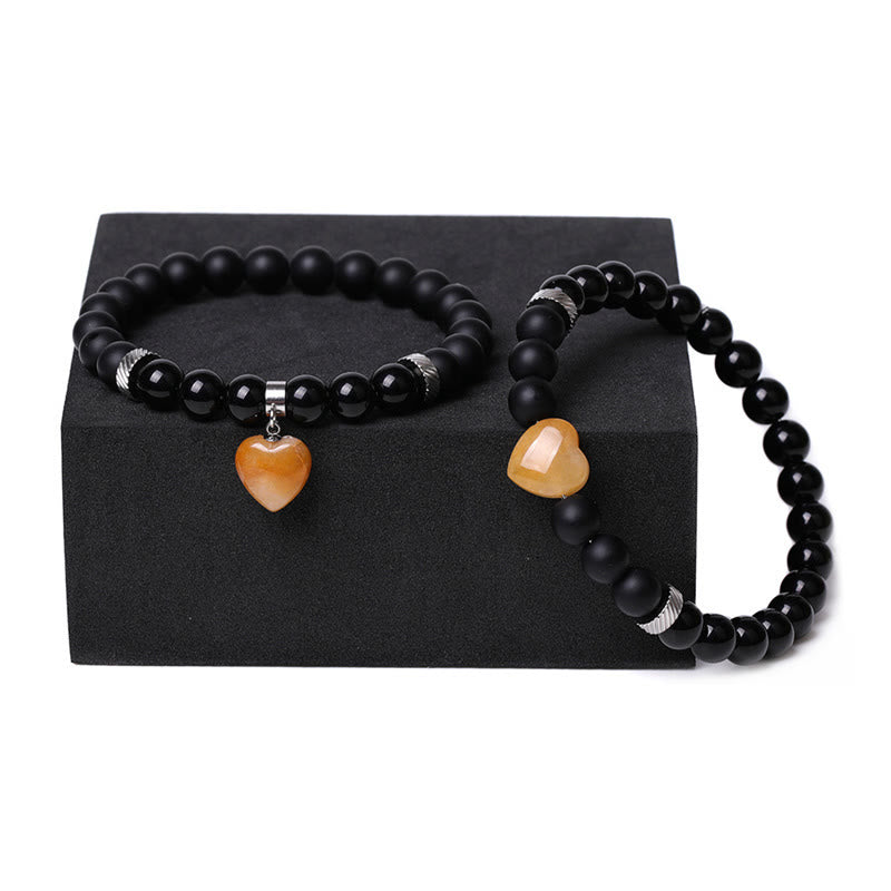 Buddha Stones 2 piezas de piedra de cristal de ónix negro amor protección del corazón pulsera de pareja