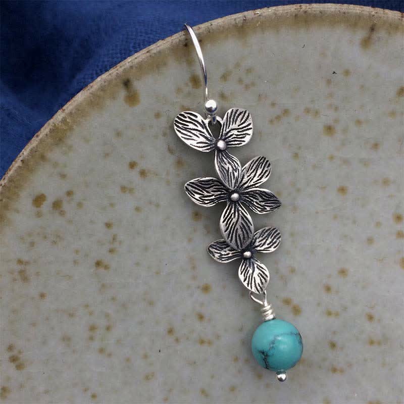 Pendientes colgantes de plata de ley 925 con forma de flor de lazurita turquesa y hoja de serenidad