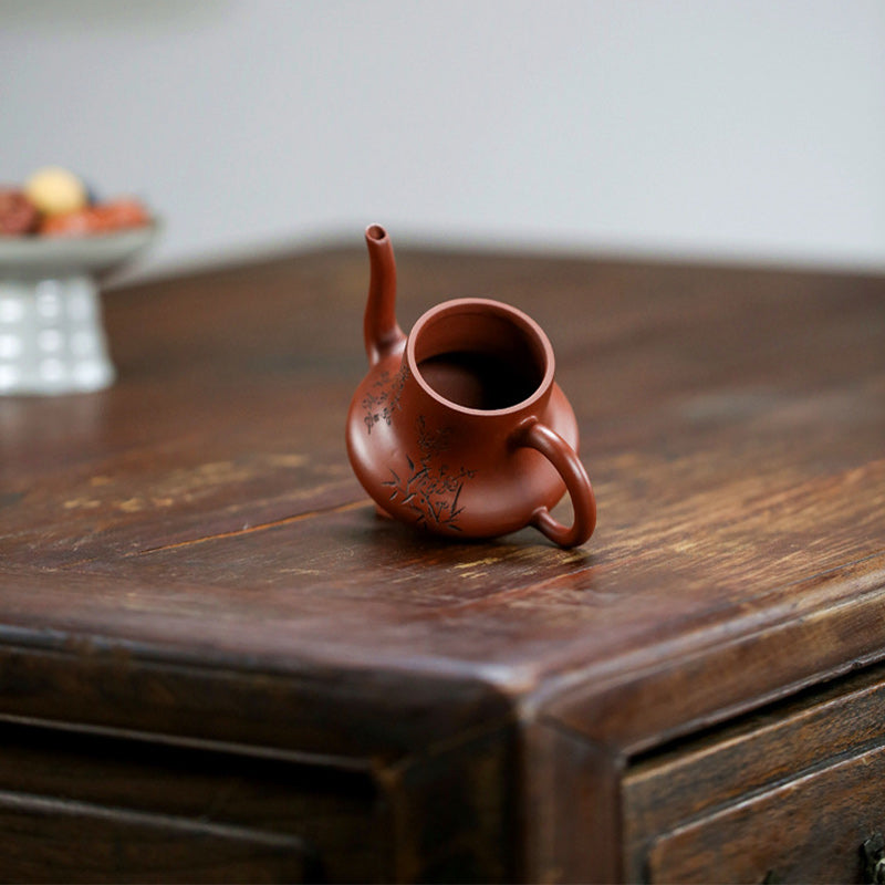 Tetera de kungfú de arcilla púrpura con flor de melocotón de bambú Vintage con Buddha Stones
