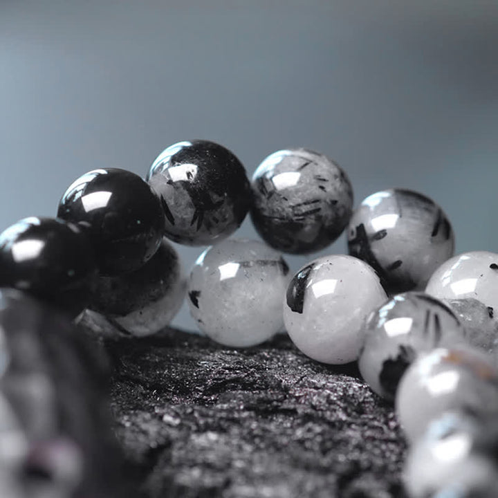 Pulsera de pareja de éxito de cristal blanco de madera de ébano de cuarzo rutilado negro