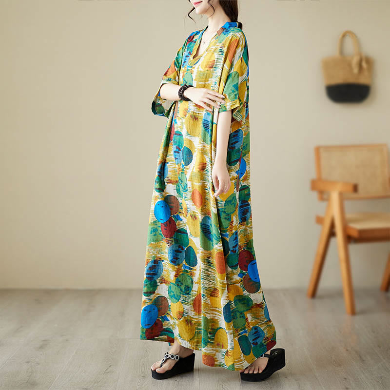 Vestido midi de lunares de colores azul naranja y piedras de Buddha Stones Vestido de media manga de algodón con bolsillos